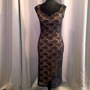 Super soft and sexy black lace BISOU BISOU dress with cream lining. Size 6.